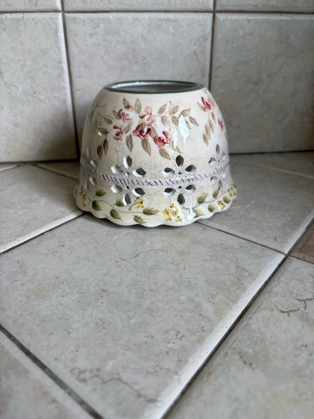 Floral Ceramic Votive Holder in Cream with Pink and Green Accents